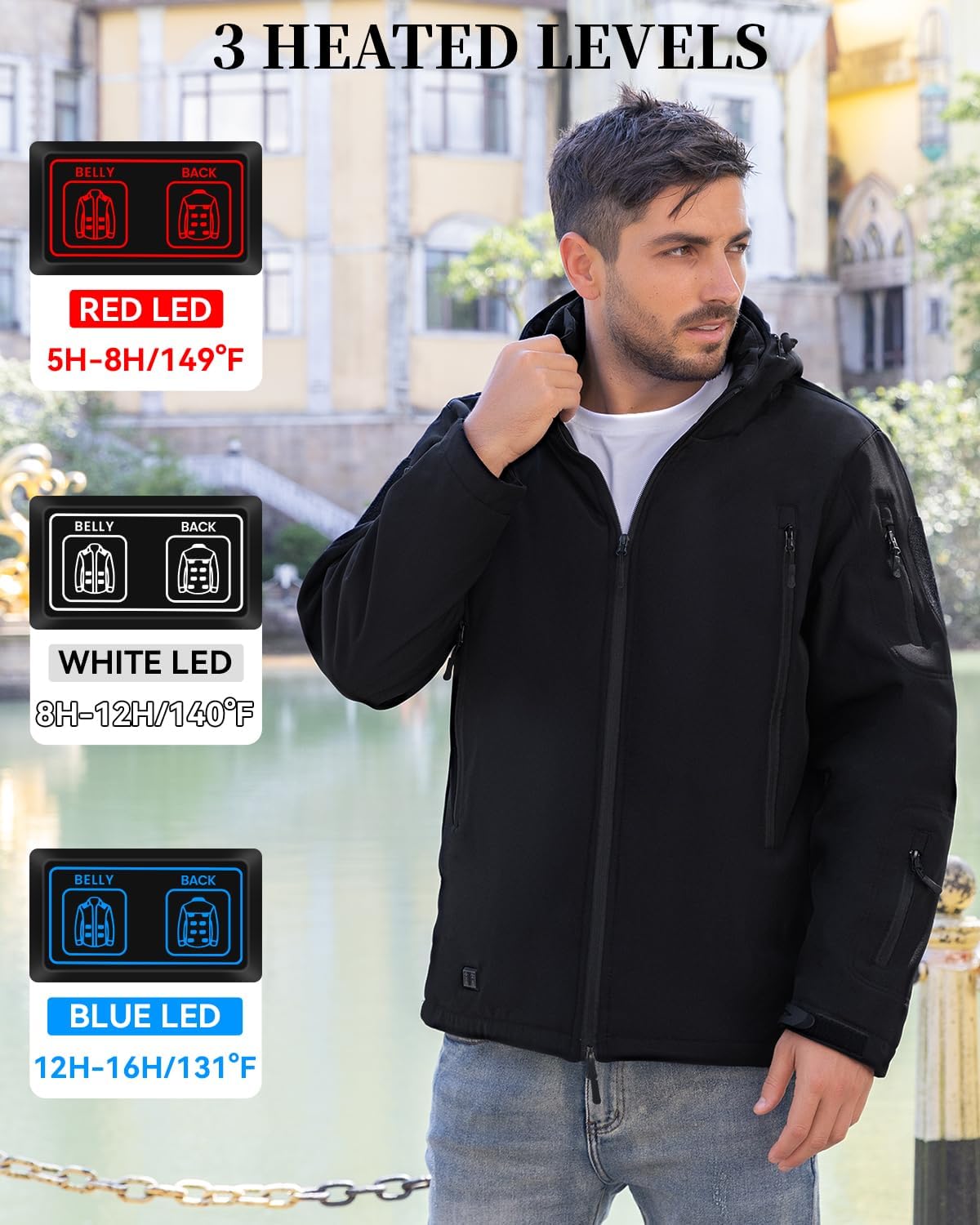 Men's Heated Winter Jacket - Soft Shell Coat with Electric Heating and Detachable Hood for Outdoor Adventures