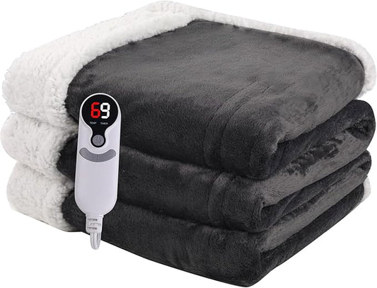 Ultra-Cozy Full-Size Electric Heated Blanket 72 x 84 in — Soft Flannel, Auto-Off (1–10 hrs), 6 Heat Settings, Machine Washable, Dark Grey