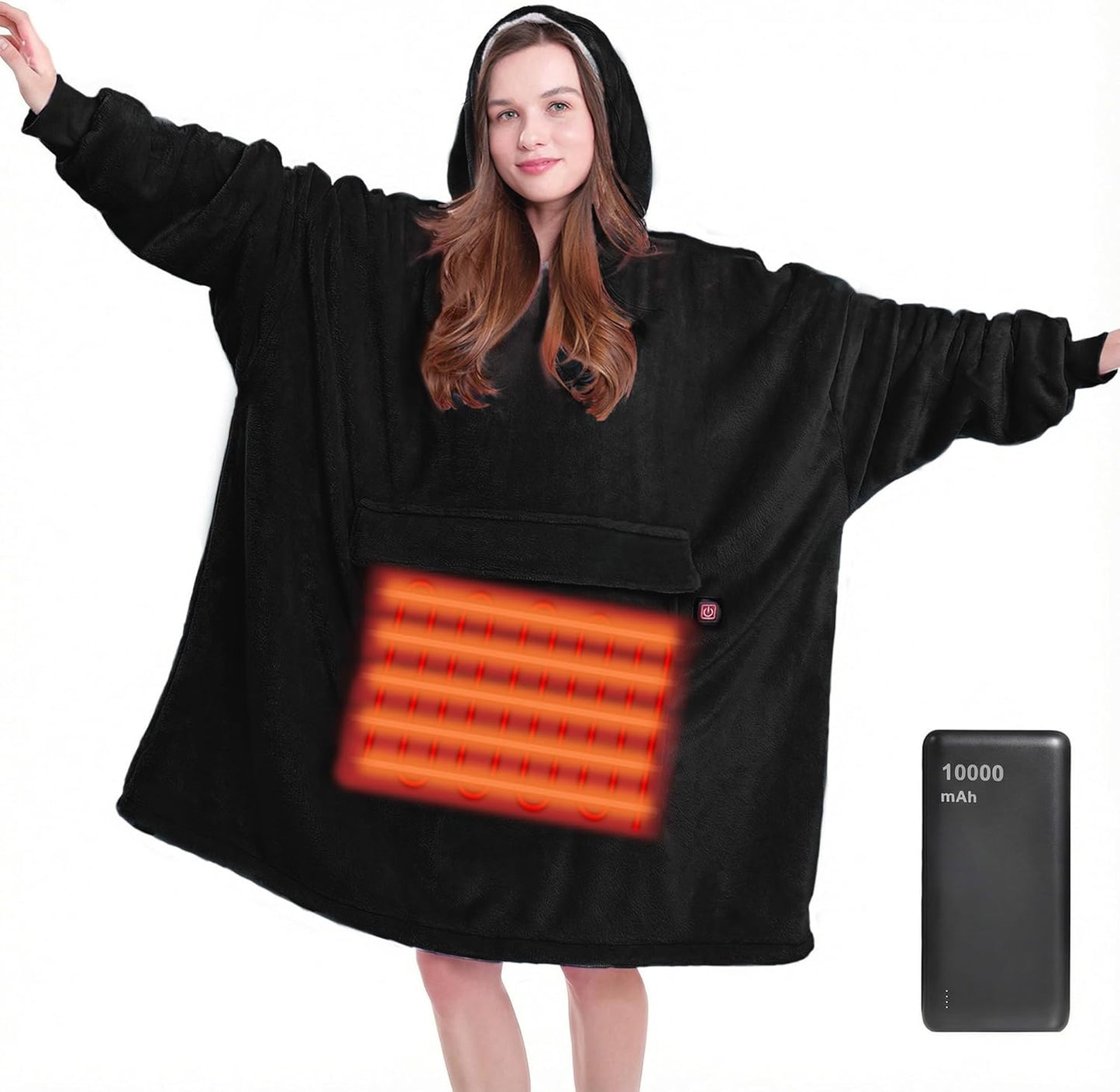 MAXEVE Heated Blanket Hoodie with 10000mAh Battery Pack – Oversized Sherpa Wearable Blanket Sweatshirt for Women & Men, Black, Warm & Soft Adult Hoodie