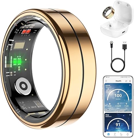 Fit Ring Health Tracker for Women & Men — Heart Rate, Blood Oxygen, HRV, Stress & Sleep Monitoring, Step Counter, Smart Ring for iPhone & Android, No Subscription Fee, Gold (Size 13)
