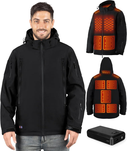 Men's Heated Winter Jacket - Soft Shell Coat with Electric Heating and Detachable Hood for Outdoor Adventures