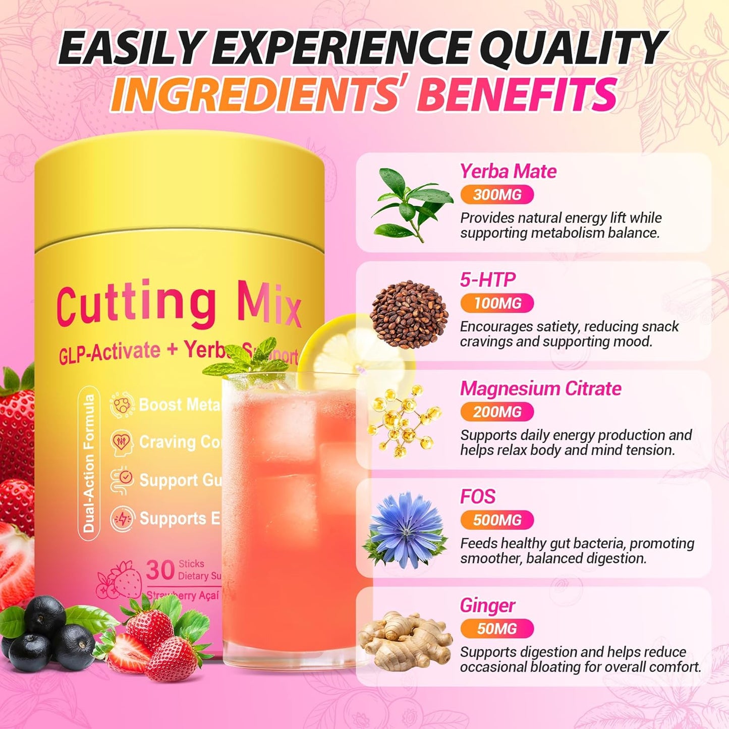 Cutting Drink Mix | 5-HTP, Yerba Mate & Magnesium | Appetite Control & Energy | Strawberry Açaí | 30 Servings