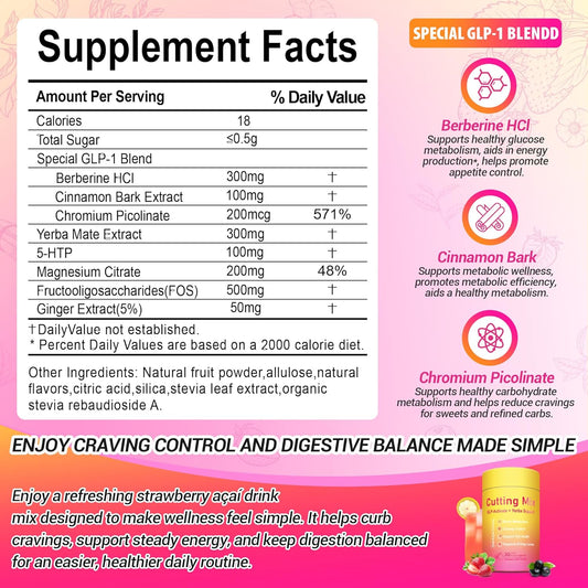 Cutting Drink Mix | 5-HTP, Yerba Mate & Magnesium | Appetite Control & Energy | Strawberry Açaí | 30 Servings