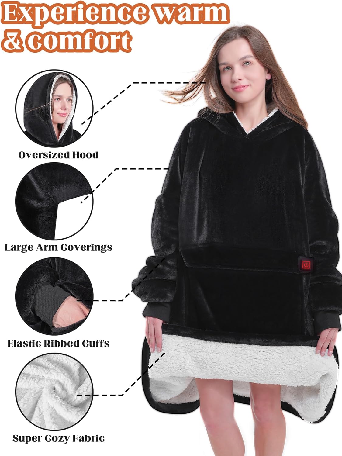 MAXEVE Heated Blanket Hoodie with 10000mAh Battery Pack – Oversized Sherpa Wearable Blanket Sweatshirt for Women & Men, Black, Warm & Soft Adult Hoodie
