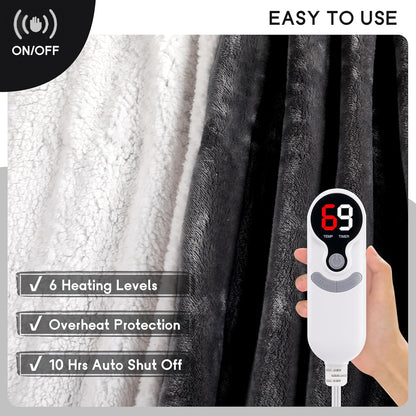 Ultra-Cozy Full-Size Electric Heated Blanket 72 x 84 in — Soft Flannel, Auto-Off (1–10 hrs), 6 Heat Settings, Machine Washable, Dark Grey