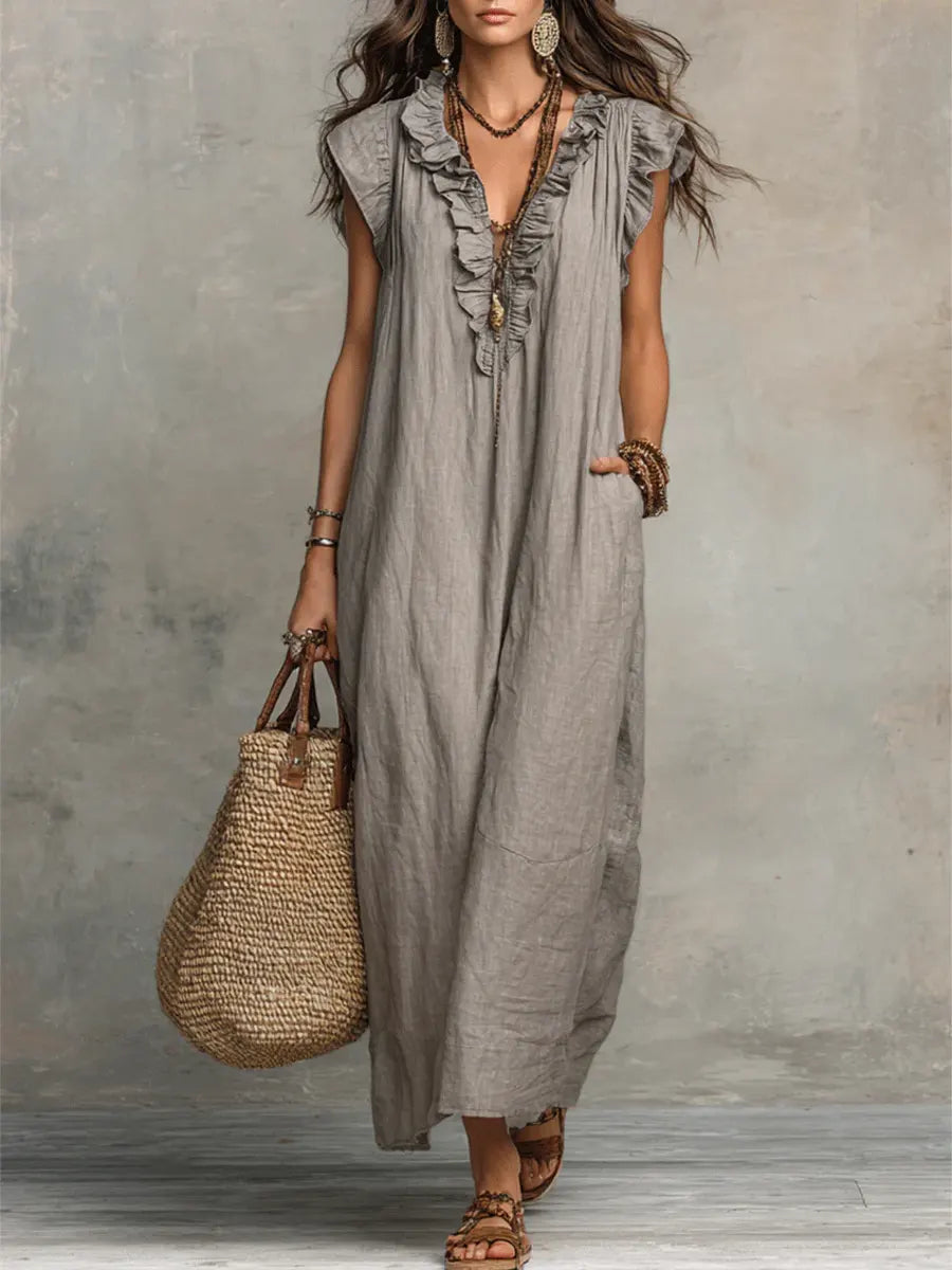 Adele | Ruffle V-Neck Maxi Dress 0