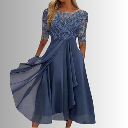 Annie | Lace Bodice Midi Dress with Sheer Sleeves 0