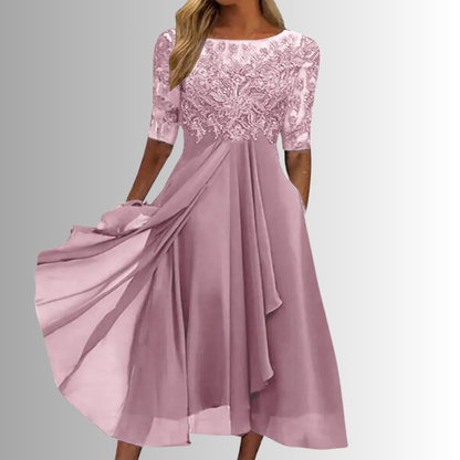 Annie | Lace Bodice Midi Dress with Sheer Sleeves 1