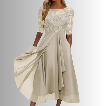 Annie | Lace Bodice Midi Dress with Sheer Sleeves 2