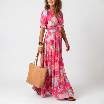 Aria | Pleated Floral Short Sleeve Maxi Dress 0