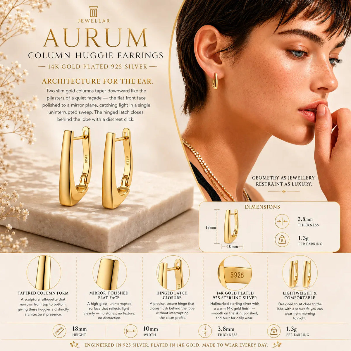 Aurum Column Huggie Earrings - 14K Gold Plated 925 Silver 3