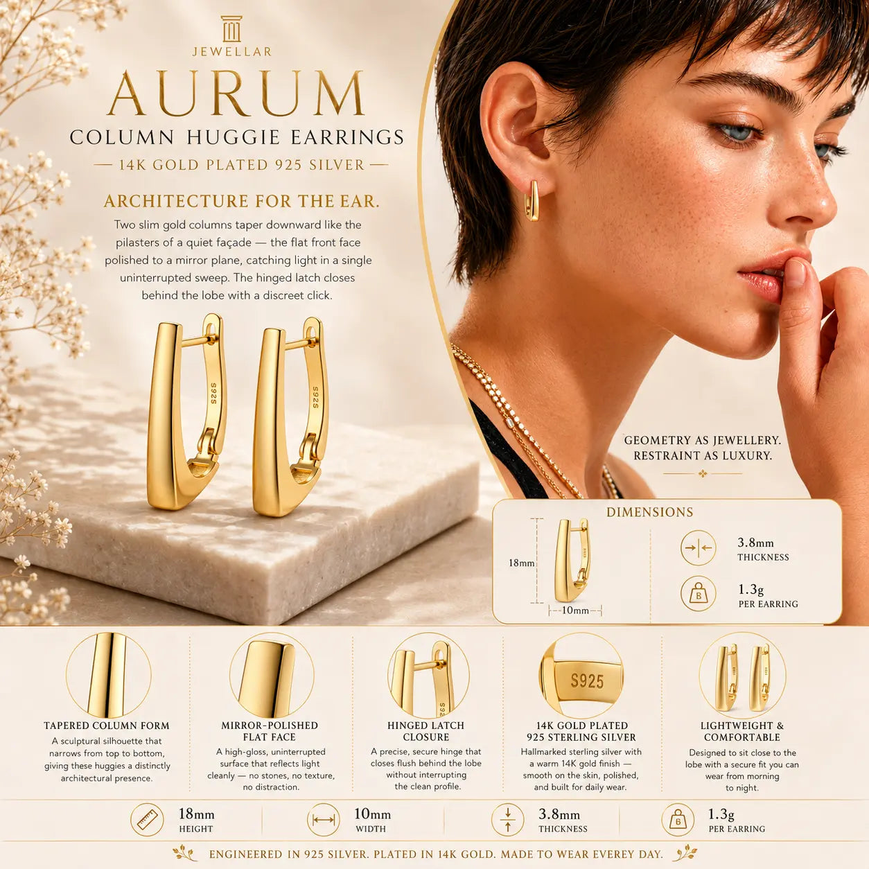 Aurum Column Huggie Earrings - 14K Gold Plated 925 Silver 3