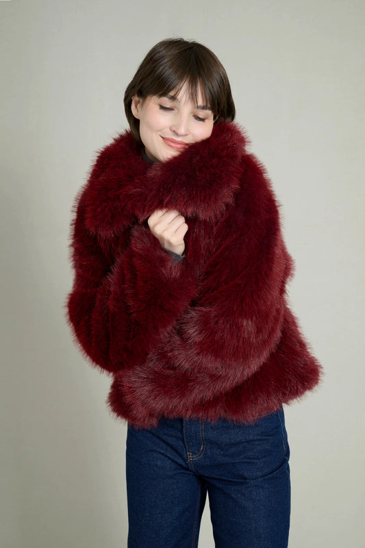BURGUNDY FAUX FUR COAT 1
