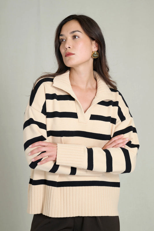 Beige and black striped polo neck sweater 0