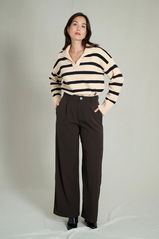 Beige and black striped polo neck sweater 2