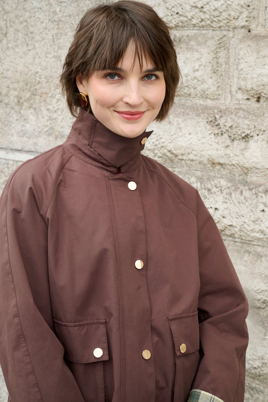 Bergundy jacket with contrasting collar and tartan cuffs 1
