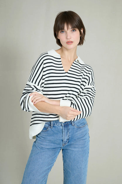 Black and White Striped V-Neck Sweater 0