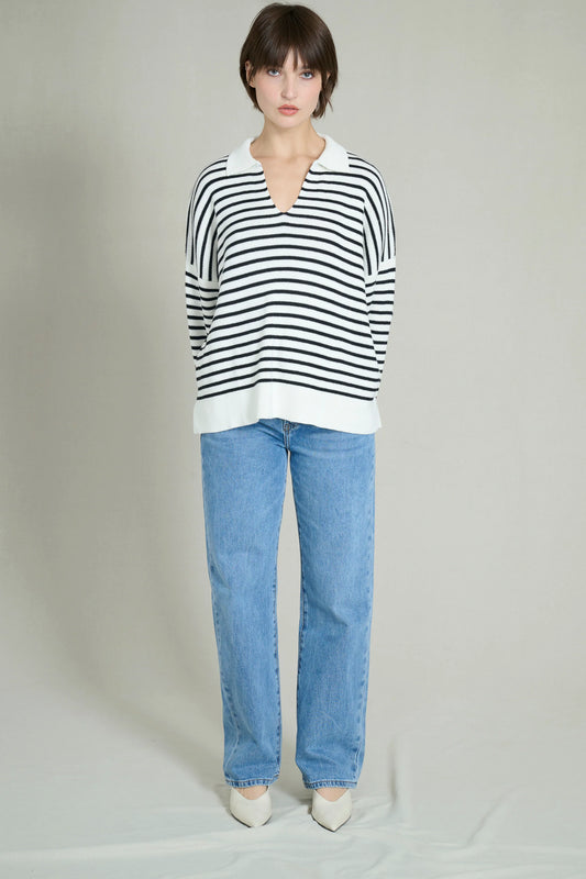 Black and White Striped V-Neck Sweater 1