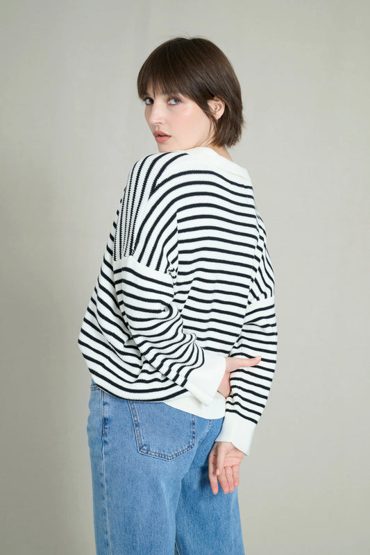 Black and White Striped V-Neck Sweater 2