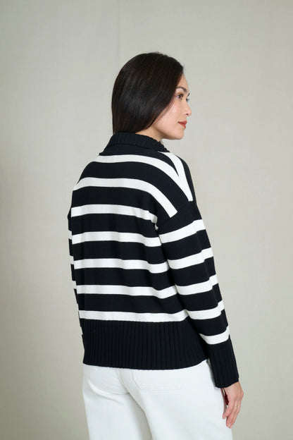Black and white striped polo collar sweater 1