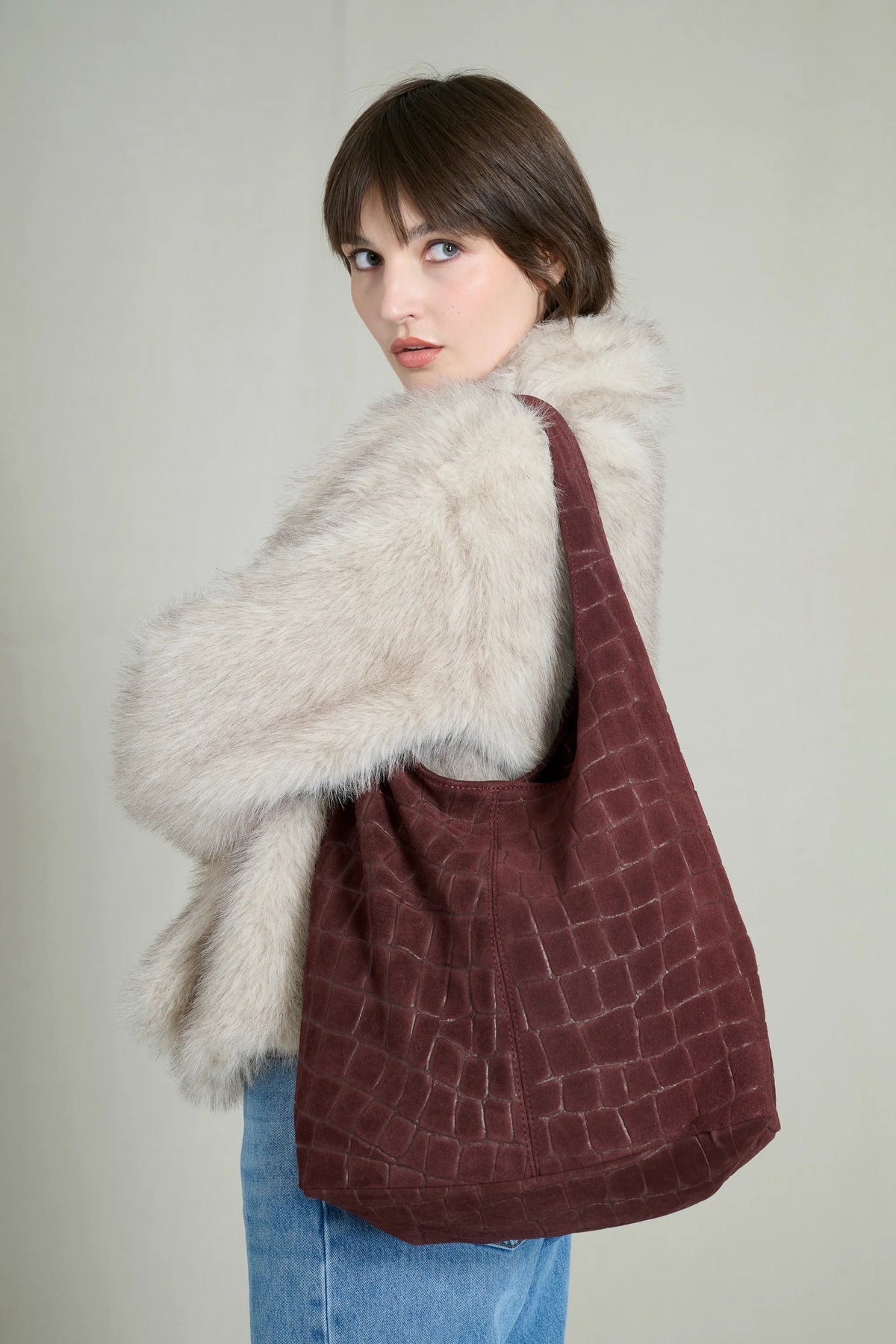 Burgundy Quilted Croco-Effect Suede Leather Hobo Bag 2