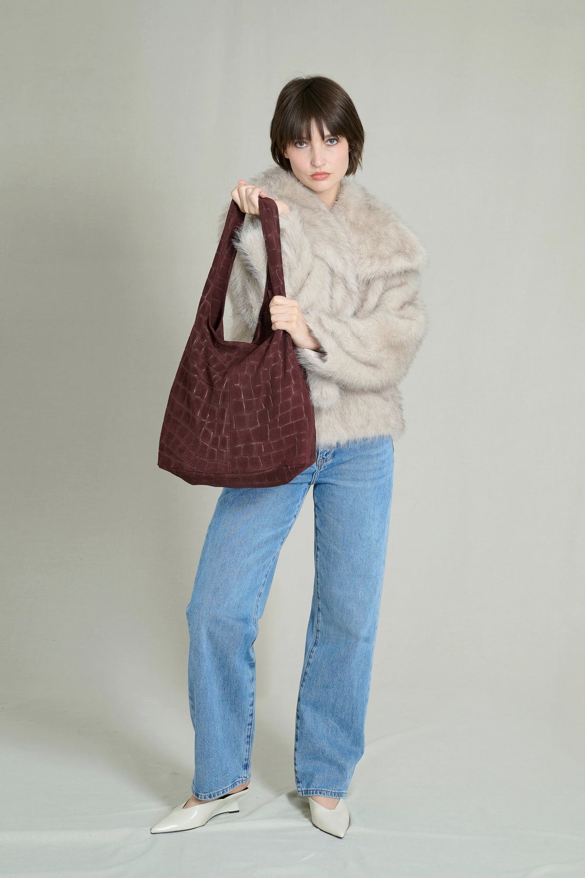 Burgundy Quilted Croco-Effect Suede Leather Hobo Bag 3