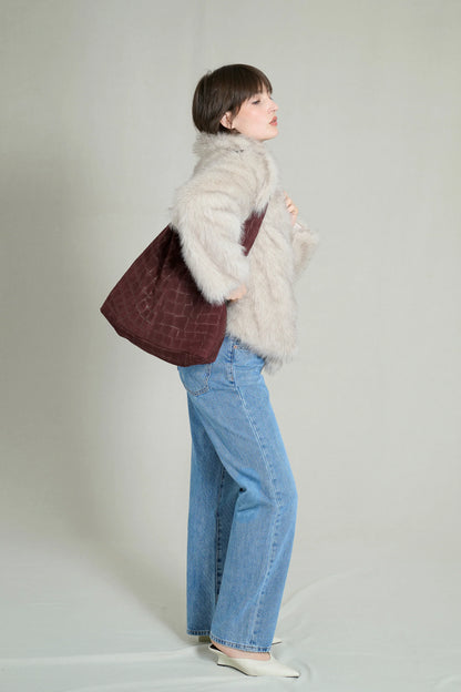 Burgundy Quilted Croco-Effect Suede Leather Hobo Bag 5