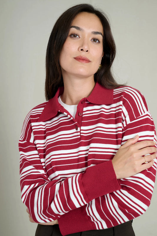 Burgundy and white striped polo neck sweater 0