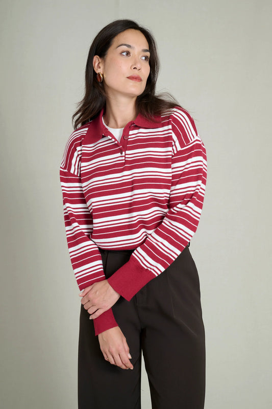 Burgundy and white striped polo neck sweater 1