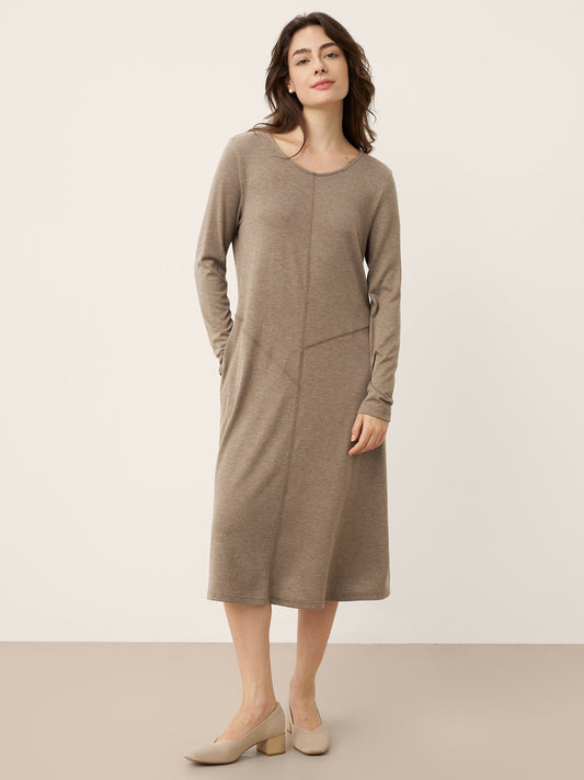 Cashmere Crew Neck Sculpted Seam A-Line Midi Dress HARLOW 0