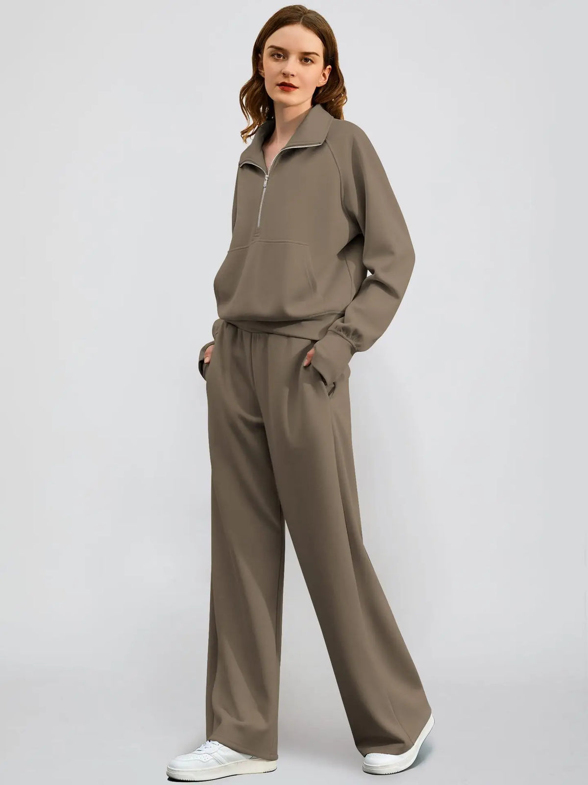 Casual Chic | Women's Outfit Set with Half Zip Sweatshirt & Wide Leg Pants | Effortless Style for Everyday Comfort 0