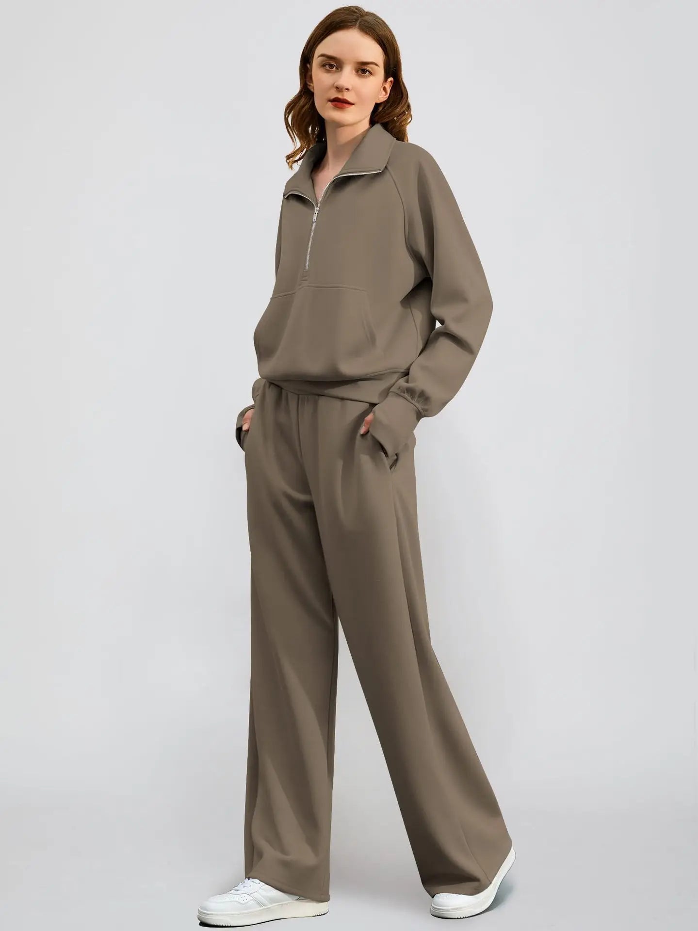 Casual Chic | Women's Outfit Set with Half Zip Sweatshirt & Wide Leg Pants | Effortless Style for Everyday Comfort 0