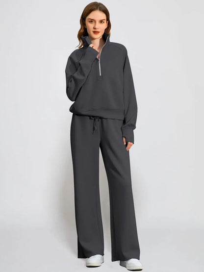 Casual Chic | Women's Outfit Set with Half Zip Sweatshirt & Wide Leg Pants | Effortless Style for Everyday Comfort 1