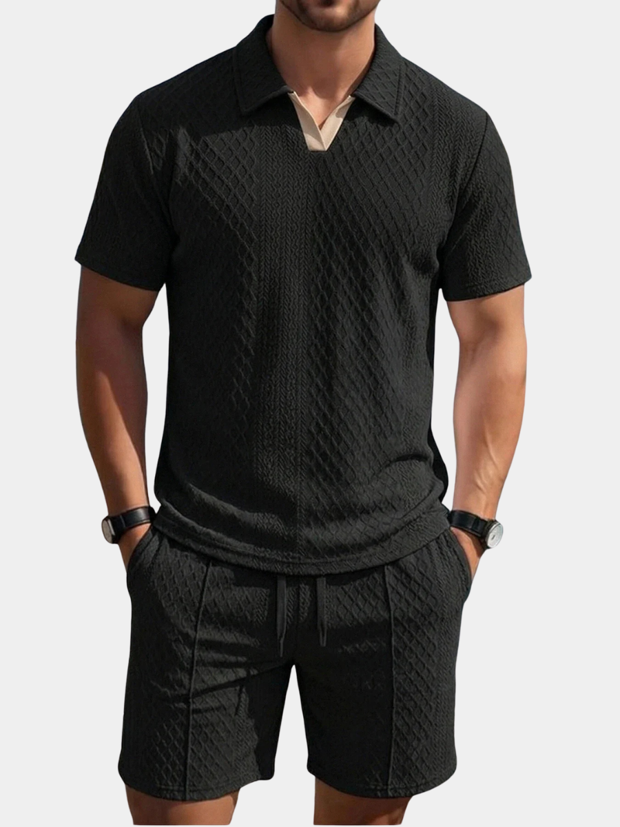Casual Knit Short Set with Polo Collar and Drawstring Waist 1