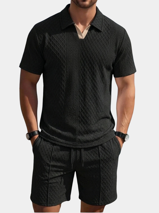 Casual Knit Short Set with Polo Collar and Drawstring Waist 1