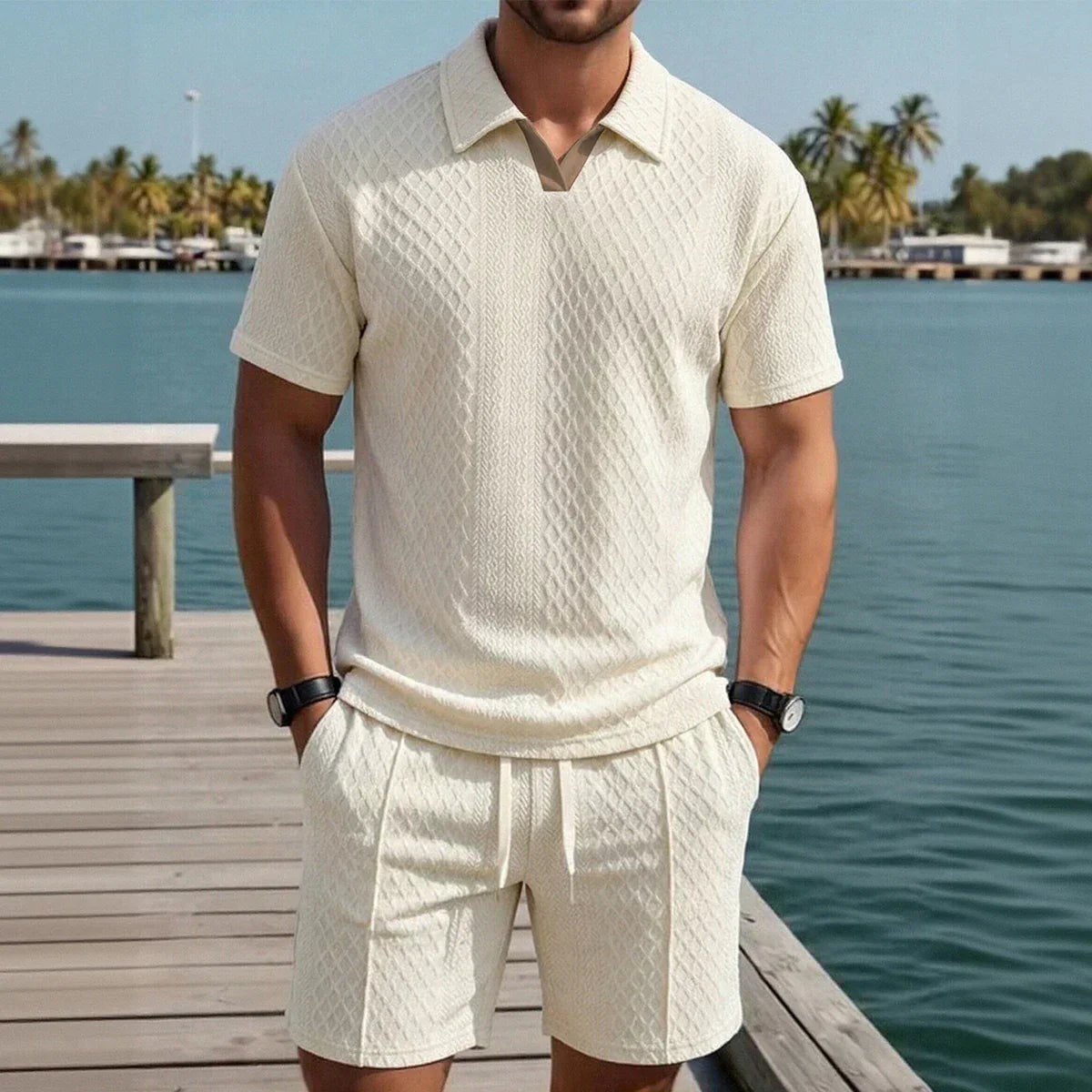 Casual Knit Short Set with Polo Collar and Drawstring Waist 2