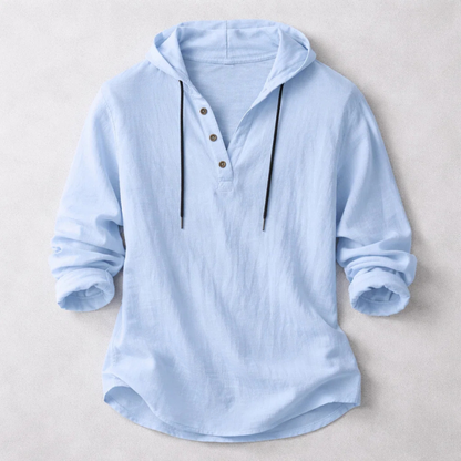 Casual Linen-Blend Pullover Shirt with Hood and Button Placket 0