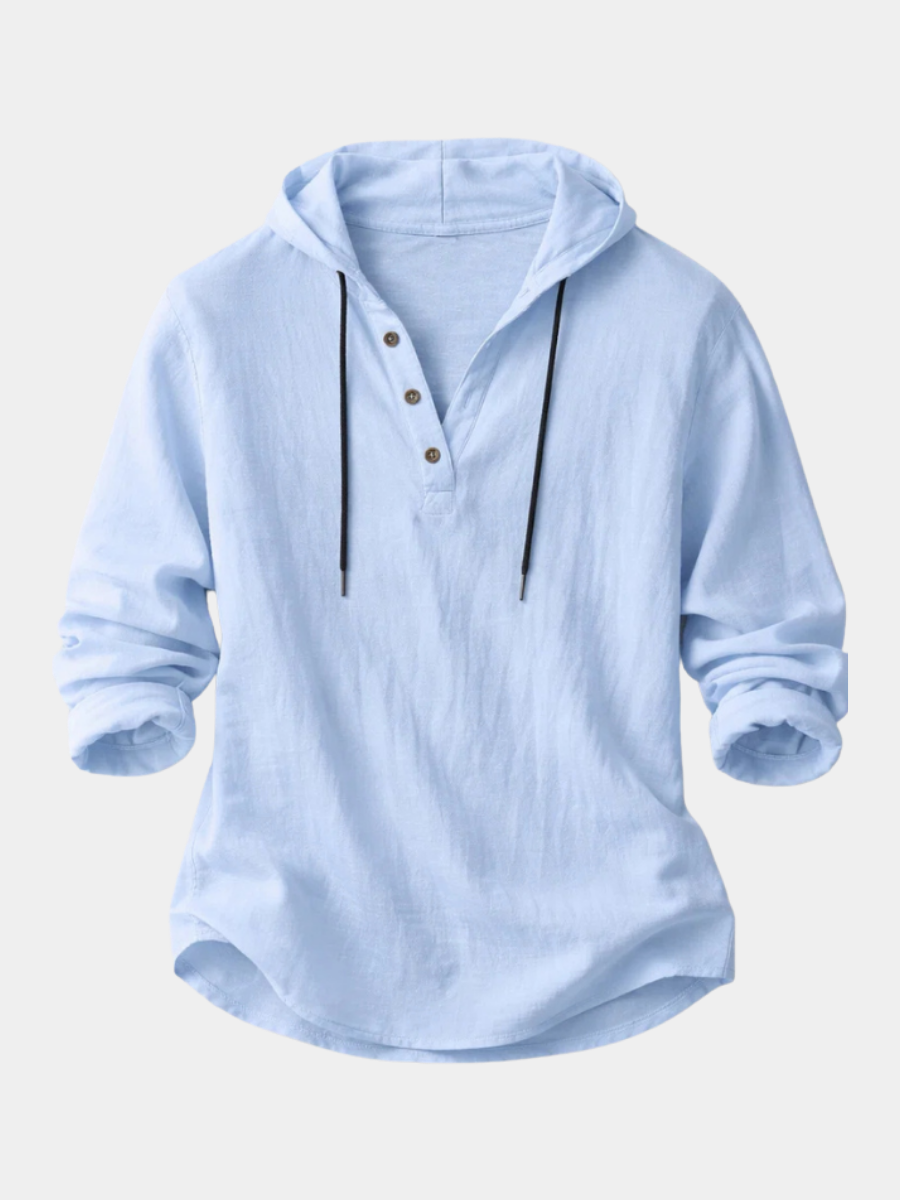 Casual Linen-Blend Pullover Shirt with Hood and Button Placket 1