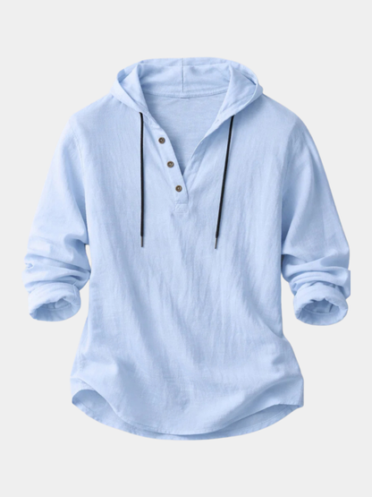 Casual Linen-Blend Pullover Shirt with Hood and Button Placket 1