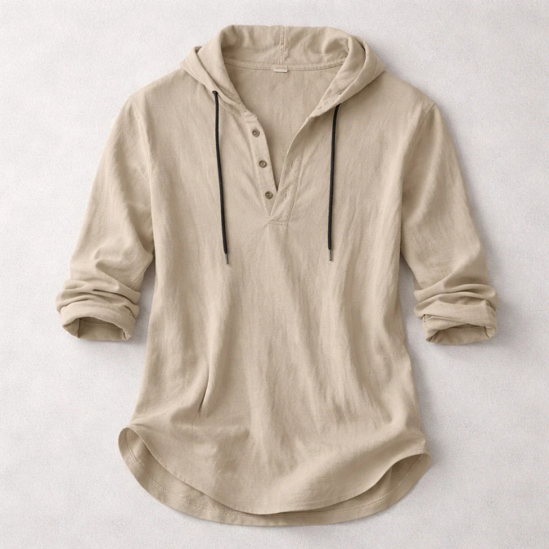 Casual Linen-Blend Pullover Shirt with Hood and Button Placket 2