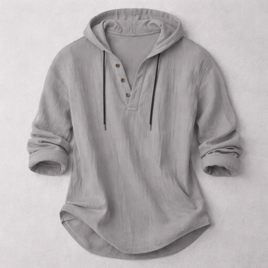 Casual Linen-Blend Pullover Shirt with Hood and Button Placket 3