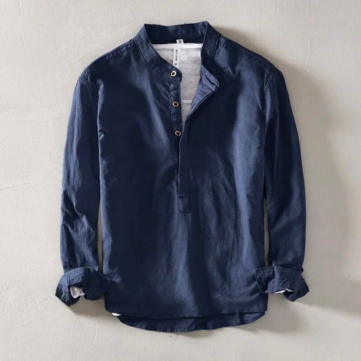 Casual Linen Shirt with Band Collar and Four-Button Placket 0