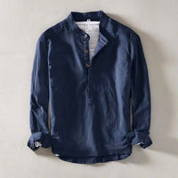Casual Linen Shirt with Band Collar and Four-Button Placket 0