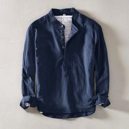 Casual Linen Shirt with Band Collar and Four-Button Placket 0