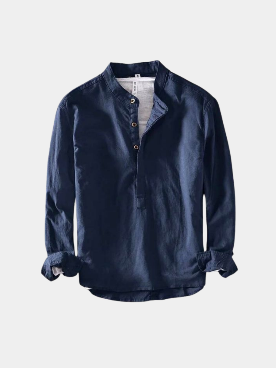 Casual Linen Shirt with Band Collar and Four-Button Placket 1