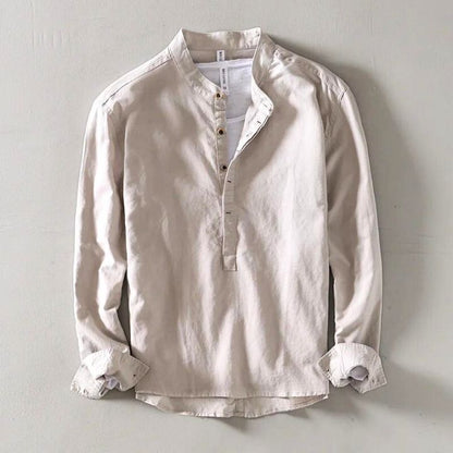 Casual Linen Shirt with Band Collar and Four-Button Placket 2