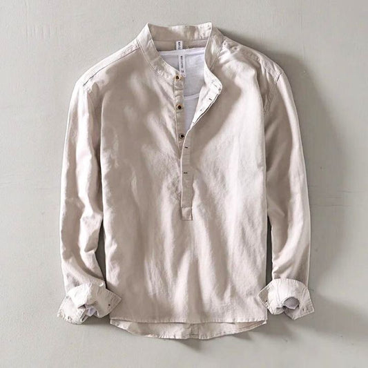 Casual Linen Shirt with Band Collar and Four-Button Placket 2