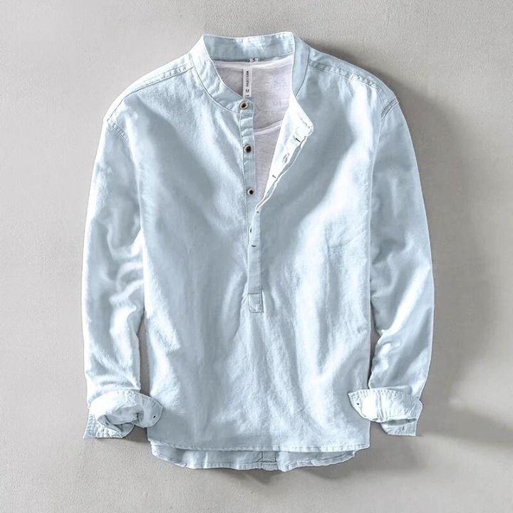 Casual Linen Shirt with Band Collar and Four-Button Placket 3