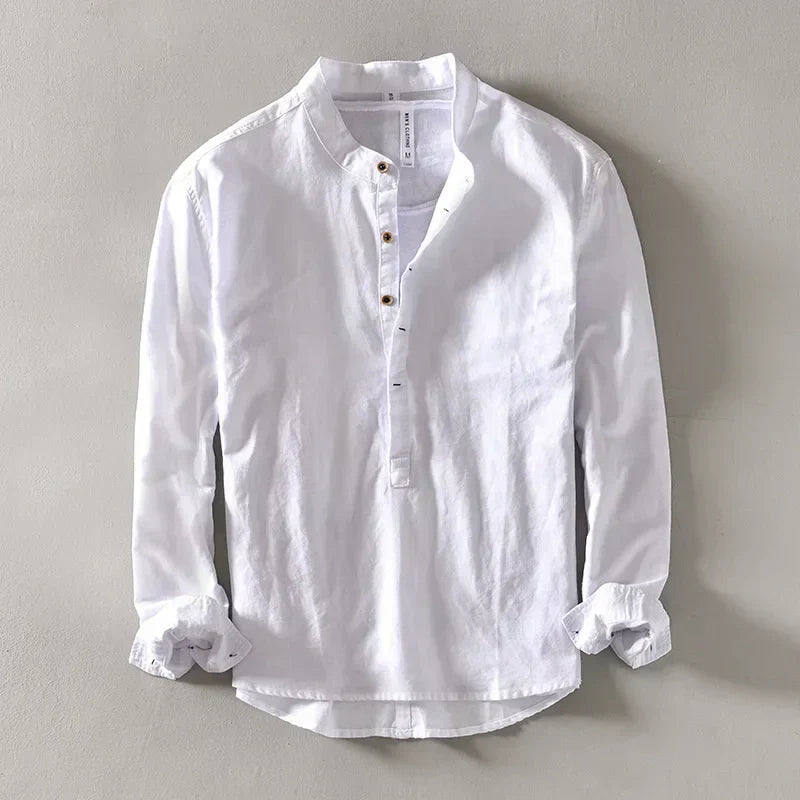 Casual Linen Shirt with Band Collar and Four-Button Placket 4