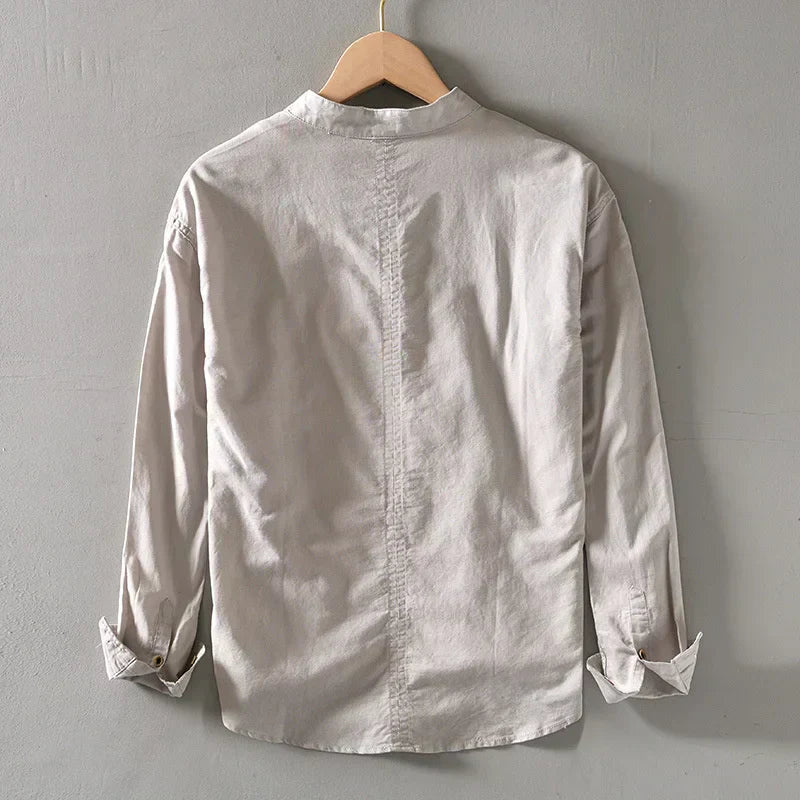 Casual Linen Shirt with Band Collar and Four-Button Placket 5